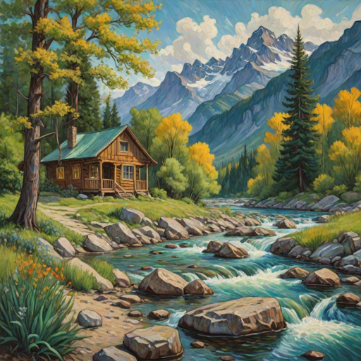 This Van Gogh-inspired painting depicts a peaceful scene of a small cabin located near a flowing river. The scene is surrounded by lush vegetation, including tall trees and rocky terrain. In the background, majestic mountains rise under a sky filled with rolling clouds. The river gently cascades over the rocks, adding a sense of movement and tranquility to the scene. The use of vibrant colors and detailed brushstrokes create a sense of depth and harmony in the natural setting.