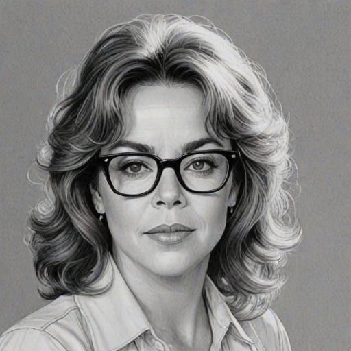 Attractive Stockard Channing, pencil sketch, portrait of Elegant woman 1979s in glasses, hair style beatnik, outline, clear lines, fine lines, 8k