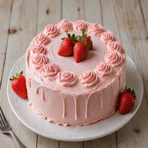 Create an image of a round cake with a light pink frosting. The cake should have decorative swirls of frosting around the edges and topped with fresh strawberries. Place the strawberries in a circular pattern on the top, with some additional swirls of frosting between them. The cake should be presented on a white plate and set on a wooden table. Include a glass of milk and some plates in the background for added context.