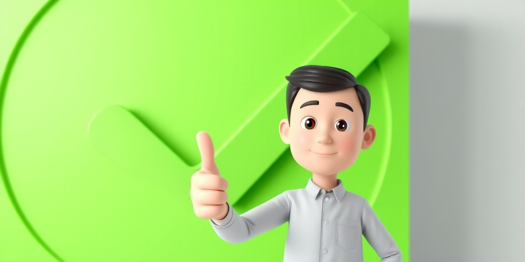 Generate an image of a 3D character with a neutral expression giving a thumbs-up in front of a large green check mark, using a 50mm lens at f/2.8, ISO 100, in a soft studio light setting for enhanced clarity and detail.