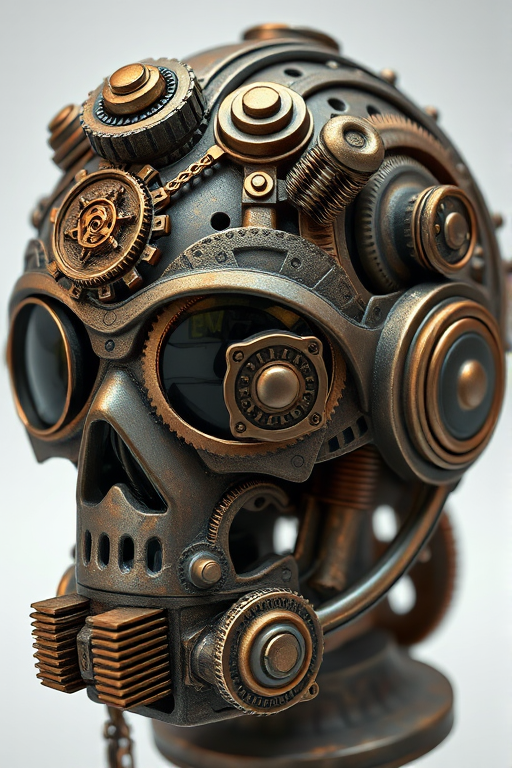 Create an intricate steampunk helmet design featuring gears, pipes, and mechanical elements, shot in a close-up with a Canon EOS R5 camera at f/8, ISO 100, 50mm lens, using a soft diffused light style for enhanced texture and detail.
