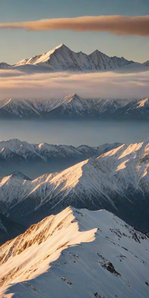 Soft-focus image of a mountain range covered in snow at sunrise, soft golden light illuminating the peaks, with distant clouds softly drifting across the sky.