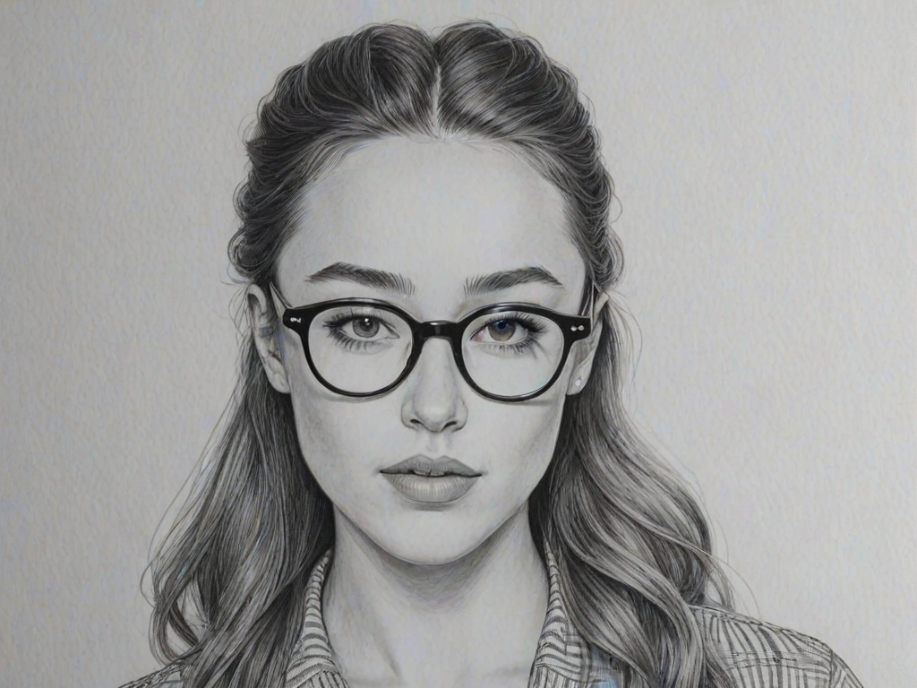 Delightful Alycia Debnam-Carey, pencil sketch, portrait of Fetching woman 1960s in glasses, hair style beatnik, outline, clear lines, fine lines, 8k