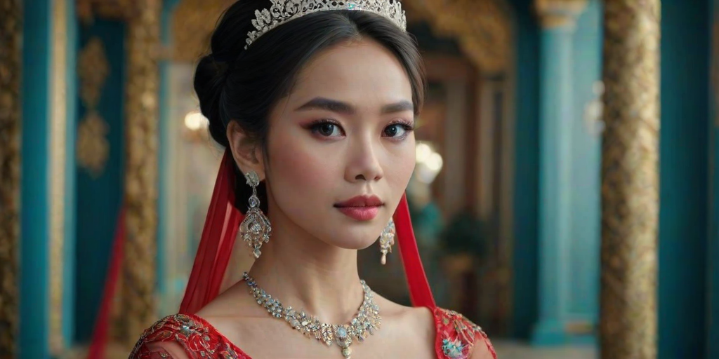 A gorgeous Vietnamese woman in a luxurious red gown, accessorized with a dazzling tiara and statement earrings, her deep cyan eyes highlighted by impeccable makeup, poised in a royal setting, photorealistic, 8K quality