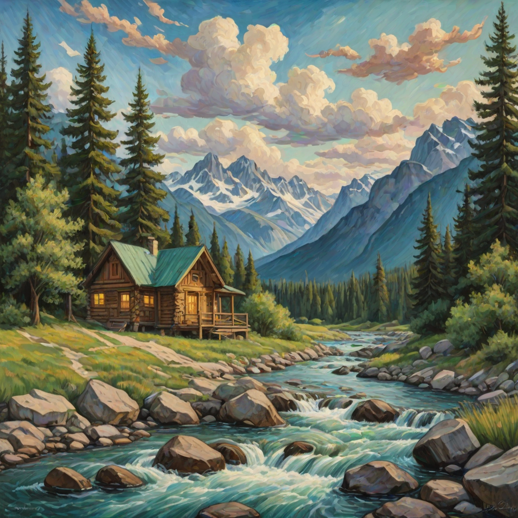 This Van Gogh-inspired painting depicts a peaceful scene of a small cabin located near a flowing river. The scene is surrounded by lush vegetation, including tall trees and rocky terrain. In the background, majestic mountains rise under a sky filled with rolling clouds. The river gently cascades over the rocks, adding a sense of movement and tranquility to the scene. The use of vibrant colors and detailed brushstrokes create a sense of depth and harmony in the natural setting.