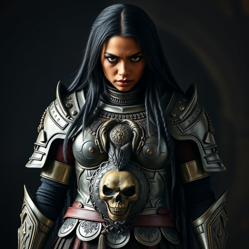 Create a photo of a fierce Oromo female warrior with long black hair, wearing an ornate, metallic armor. The armor includes a breastplate with intricate designs, shoulder guards, and gauntlets. The breastplate is decorated with a central emblem, possibly representing a mythical symbol, and has a sculpted, form-fitting design. She wears a belt with a large skull ornament at the center, and her armor extends into a partial skirt, revealing one leg. The overall look is both protective and stylish, with a dark, gothic aesthetic. The background is dimly lit, suggesting a medieval or fantasy setting, enhancing the warrior's imposing presence and intense expression.