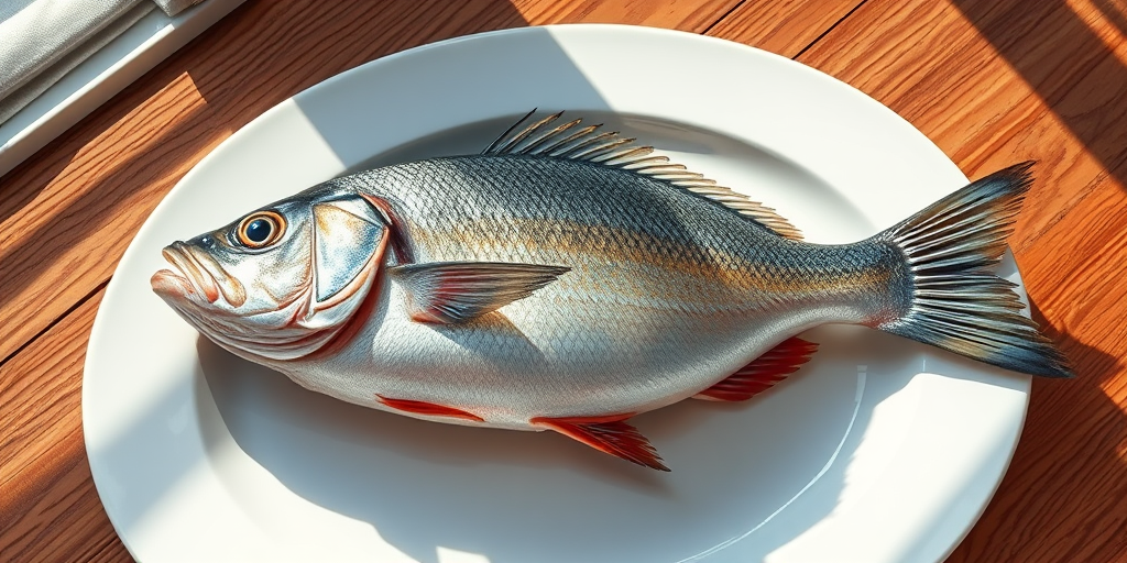 Create a detailed illustration of a fish on a plate, captured with a 50mm f/1.8 lens, natural light, shot from a top-down view, using a DSLR camera to enhance clarity and detail.