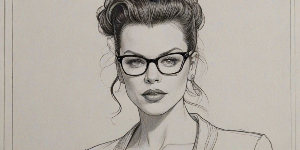 Ravishing Debi Mazar, pencil sketch, portrait of Exquisite woman 1921s in glasses, hair style beatnik, outline, clear lines, fine lines, 8k