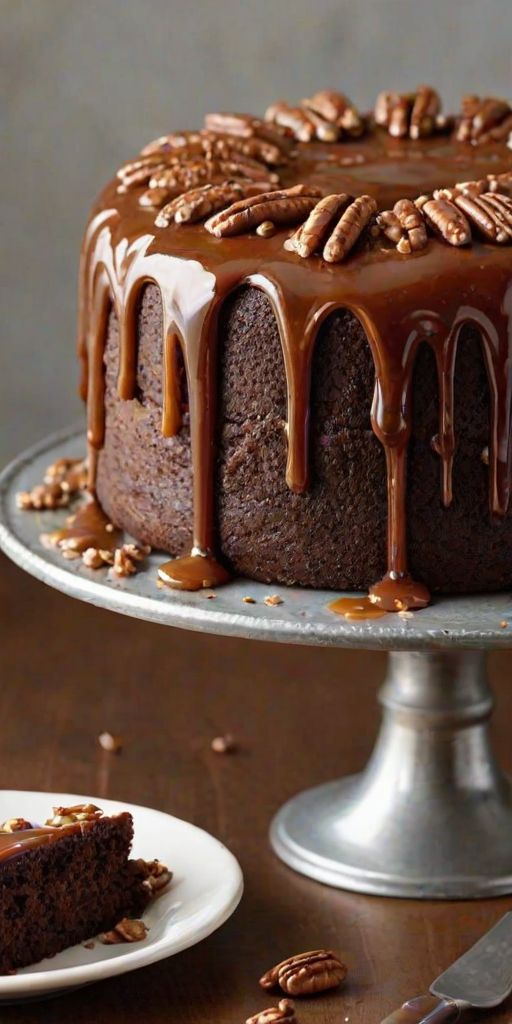 Create an image of a rich chocolate cake topped with a glossy caramel glaze and sprinkled with chopped pecans. The cake should be displayed on a silver cake stand, with a warm, inviting background that enhances its delicious appeal.