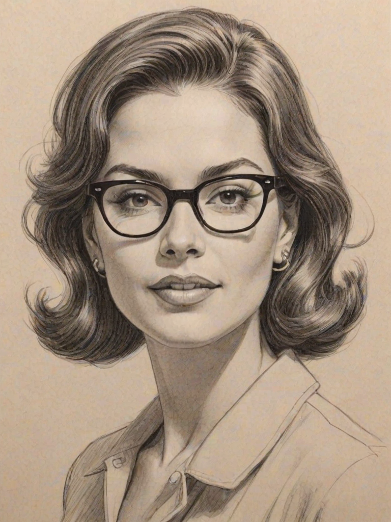 Radiant Cristina Milian, pencil sketch, portrait of Ravishing woman 1956s in glasses, hair style beatnik, outline, clear lines, fine lines, 8k