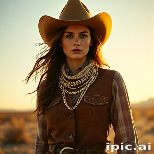Dramatic photo of a beautiful Western American woman, classic cowboy attire, confident and free spirit expression, half-length portrait, centered, golden hour desert landscape, warm, diffused light, low angle, medium format film camera, in style of Annie Leibovitz.