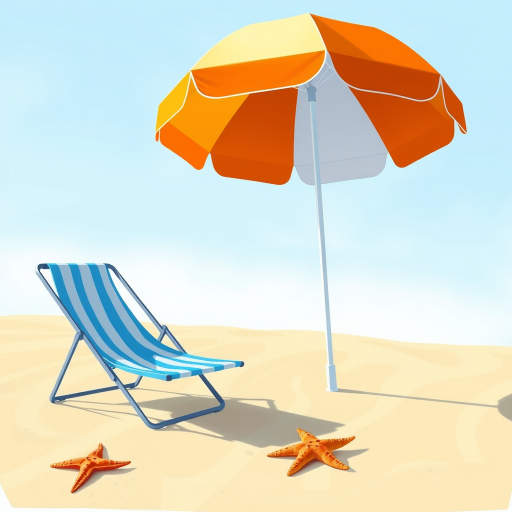 create a vibrant illustration of a beach scene with a colorful orange and white umbrella and a blue lounge chair on a sandy beach, include detailed textures for the sand and a starfish nearby, use a DSLR camera with f/8 aperture, 50mm lens, natural lighting and a slightly elevated angle to enhance depth and focus