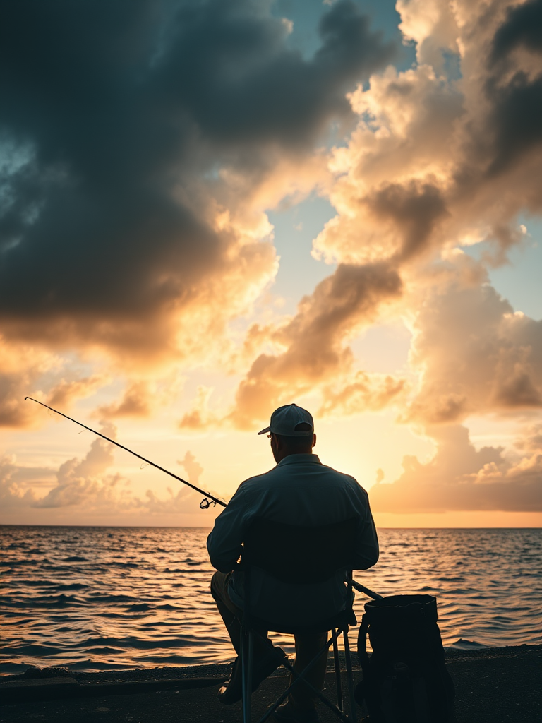 fisherman sitting on a chair by the water at sunset with dramatic clouds overhead, 50mm lens, f/1.8 aperture, ISO 200, shutter speed 1/250s, taken from a low angle to emphasize the scenery, DSLR camera, natural light