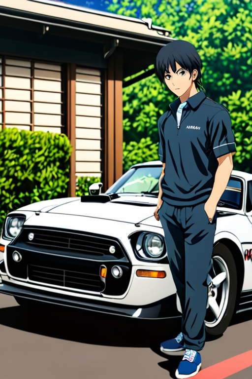 Prosperous Anime Character Drives Luxury Car from Elegant Home on Sunny Day  | MUSE AI