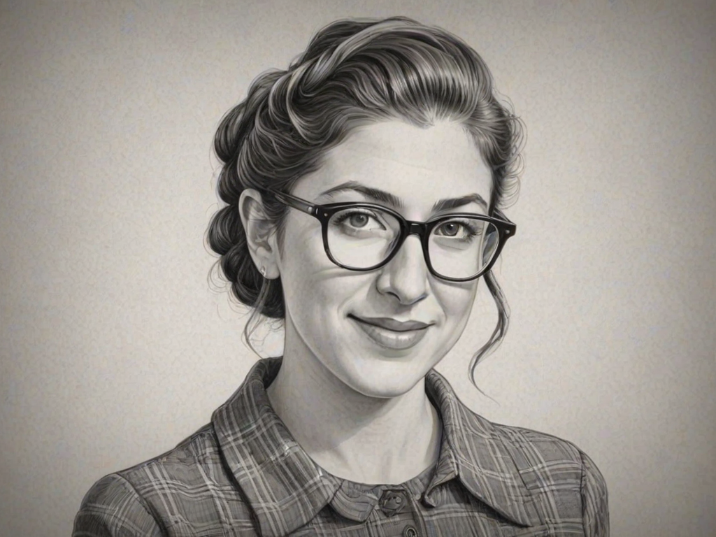 Magnificent Mayim Bialik, pencil sketch, portrait of Appealing woman 1948s in glasses, hair style beatnik, outline, clear lines, fine lines, 8k