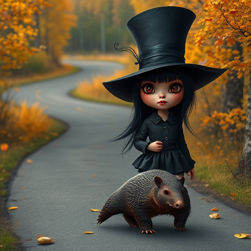 digital art fantasy depicting a strange girl with black hair, long eyelashes, orange lipstick and a tall hat walking along a winding road on an autumn afternoon, an armadillo smiles as he passes