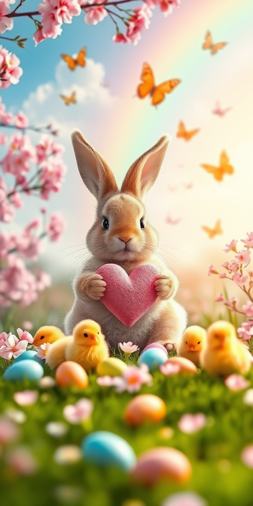 Create a vibrant and whimsical scene of a cute bunny holding a heart with fluffy chicks around it, colorful Easter eggs scattered on a lush green landscape, blooming cherry blossoms, butterflies fluttering in a bright sunny sky with a rainbow in the background, captured with a DSLR camera at f/2.8, ISO 100, 50mm lens, in soft focus style for enhanced depth and color richness.