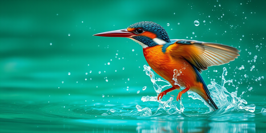 A vibrant kingfisher splashing in clear turquoise water, dynamic water droplets flying, soft bokeh background, taken with a DSLR camera using a 85mm lens at f/1.8, ISO 200, shutter speed 1/2000s, in natural lighting to enhance the colors and details.