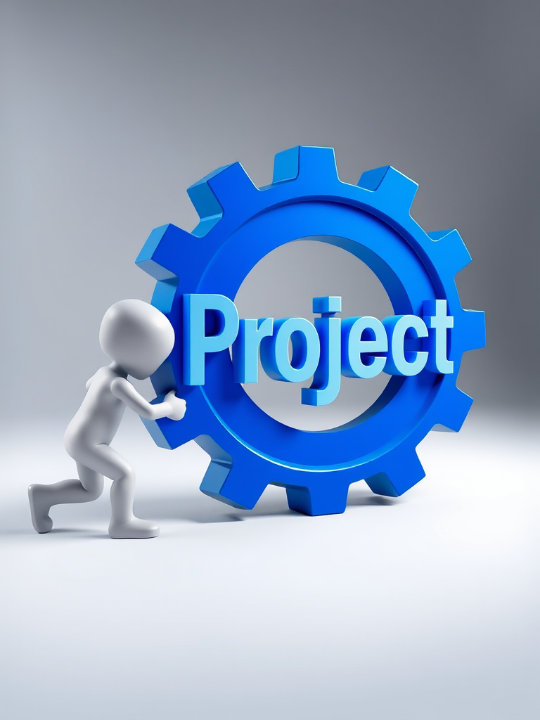 Create an image of a small, white 3D character pushing a large, blue gear with the word 'Project' in sleek, modern typography, captured with a DSLR camera at f/2.8, ISO 200, 50mm lens, in a high-contrast studio lighting setup.