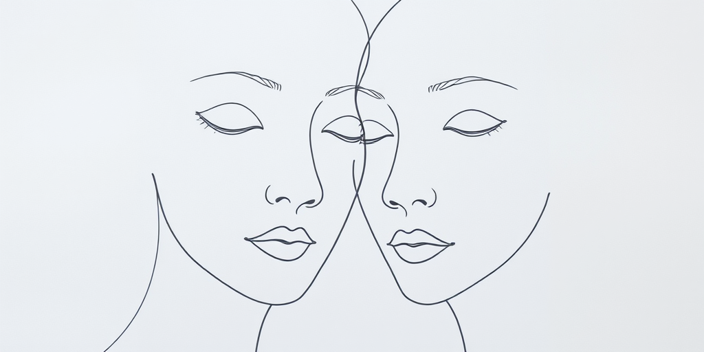 Create a minimalist line drawing of two abstract faces close together, soft focus, natural lighting, aperture f/4, shutter speed 1/200, ISO 100, captured with a DSLR camera in portrait orientation.