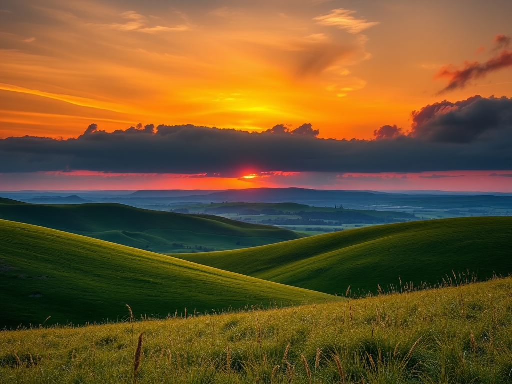 landscape of rolling hills and fields under a dramatic sky at sunset, golden light illuminating the grass, captured with a Canon EOS 5D Mark IV, 24mm lens, f/8 aperture, ISO 100, 1/200 sec exposure, wide-angle view for depth and clarity, vibrant colors with high dynamic range