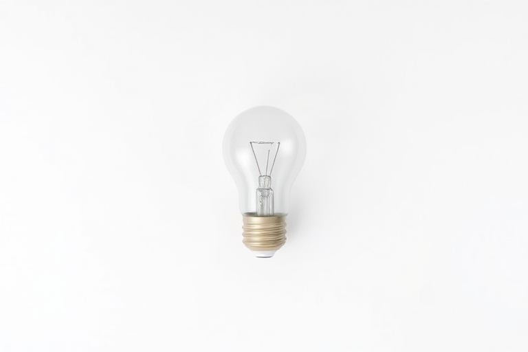 Create a minimalistic illustration of a light bulb on a plain background, using a Canon EOS R5 with a 50mm f/1.2 lens, settings 1/200s, f/11, ISO 100, natural lighting, top-down view, and a clean, modern design style.