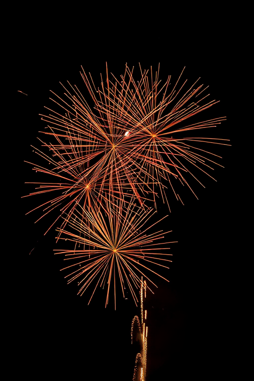 high-resolution image of fireworks display against a black sky, captured with a DSLR camera at f/8 aperture, ISO 100, 1/2 sec exposure, shot from a slight low-angle view to emphasize the burst shapes, using a wide-angle lens for depth, vibrant colors and sharp details