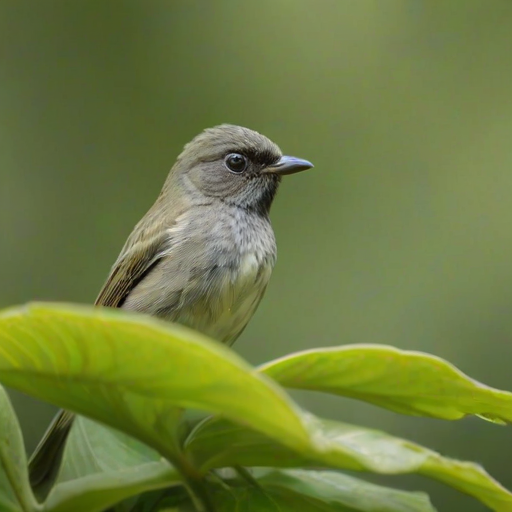 a small bird with a round body and distinctive eye markings perched among green leaves in a soft, blurred natural background