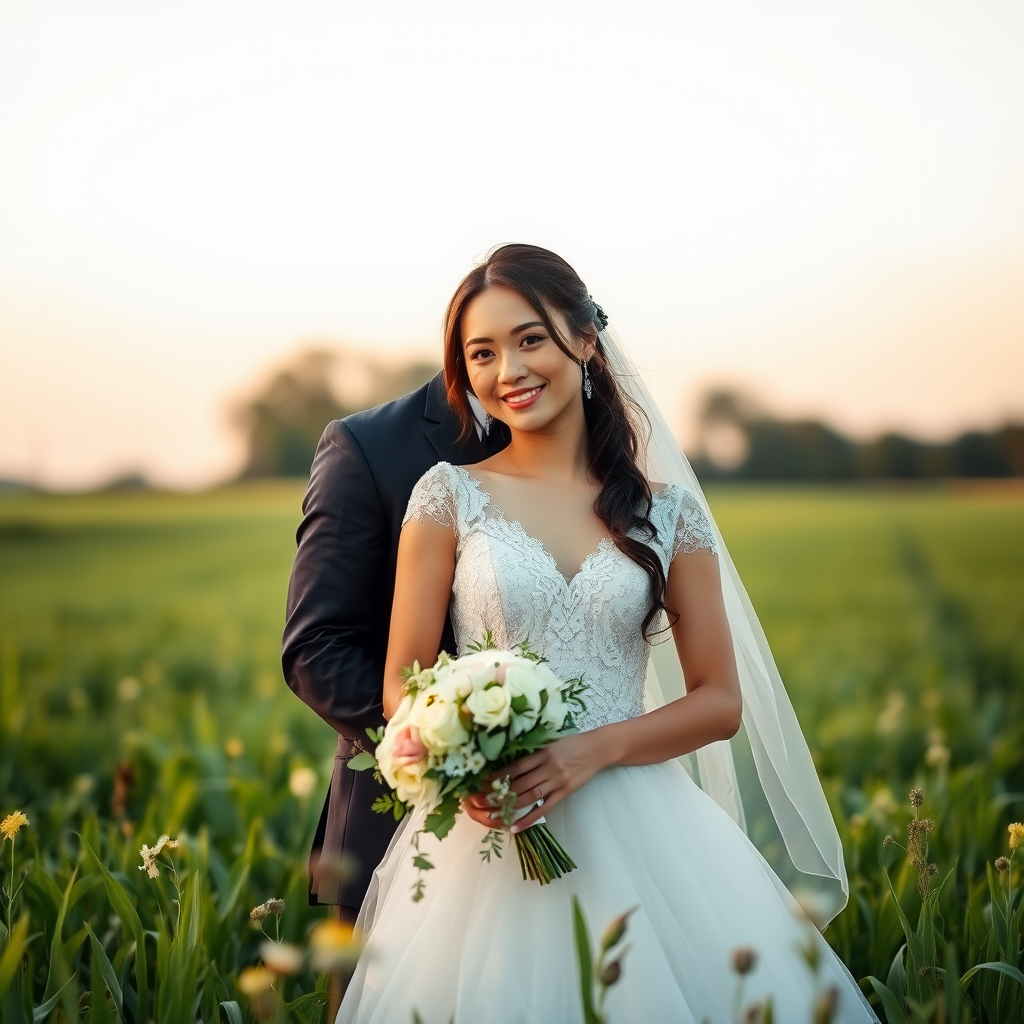 Regenerate a romantic wedding couple portrait in a lush green field during golden hour, use a Canon EOS R5 with a 50mm f/1.2 lens, aperture set to f/1.8, ISO at 100, shutter speed 1/160 sec, shot in portrait orientation with natural light to enhance the softness and clarity of the image.