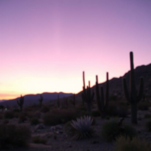 Soft-focus image of a tranquil desert landscape at dusk, with soft purple and orange hues in the sky, scattered cacti silhouetted against the fading light.
