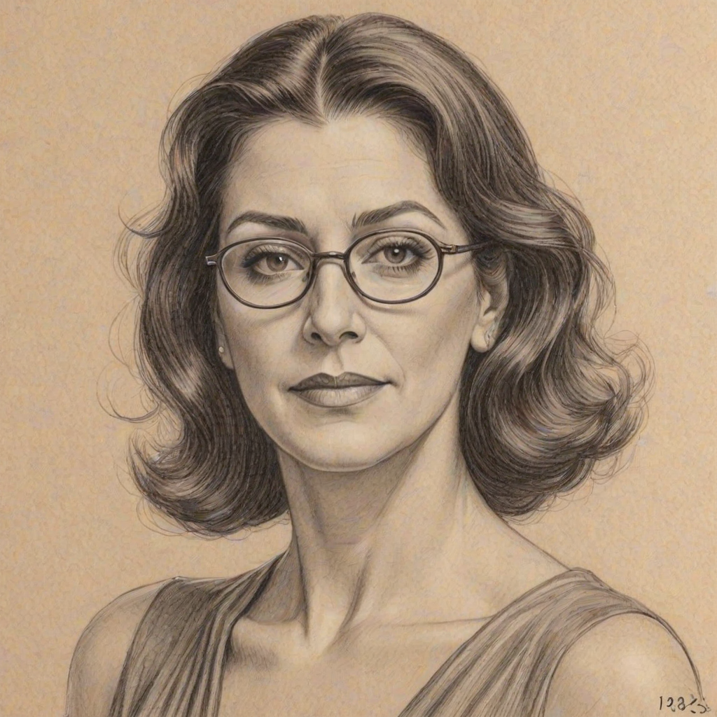 Resplendent Marina Sirtis, pencil sketch, portrait of Graceful woman 1928s in glasses, hair style beatnik, outline, clear lines, fine lines, 8k