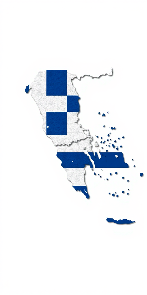 Create a high-resolution graphic of the map of Greece overlaid with the national flag featuring vibrant blue and white colors, using a DSLR camera with a 50mm lens, f/1.8 aperture, ISO 100, and a 45-degree angle view to enhance the visual quality.