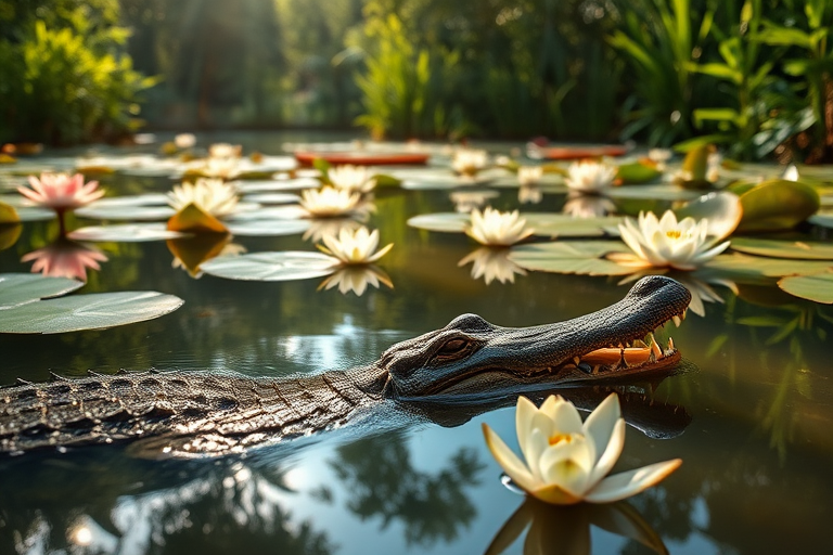 Regenerate an image of a crocodile partially submerged in a serene pond with blooming water lilies, soft morning light filtering through lush greenery, using a Canon EOS R5, 50mm lens, f/2.8 aperture, ISO 200, low angle shot, HDR photography style.