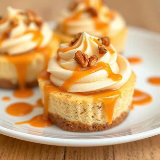 Delicious mini caramel cheesecakes topped with swirls of creamy frosting and crushed nuts drizzled with caramel sauce on a white plate