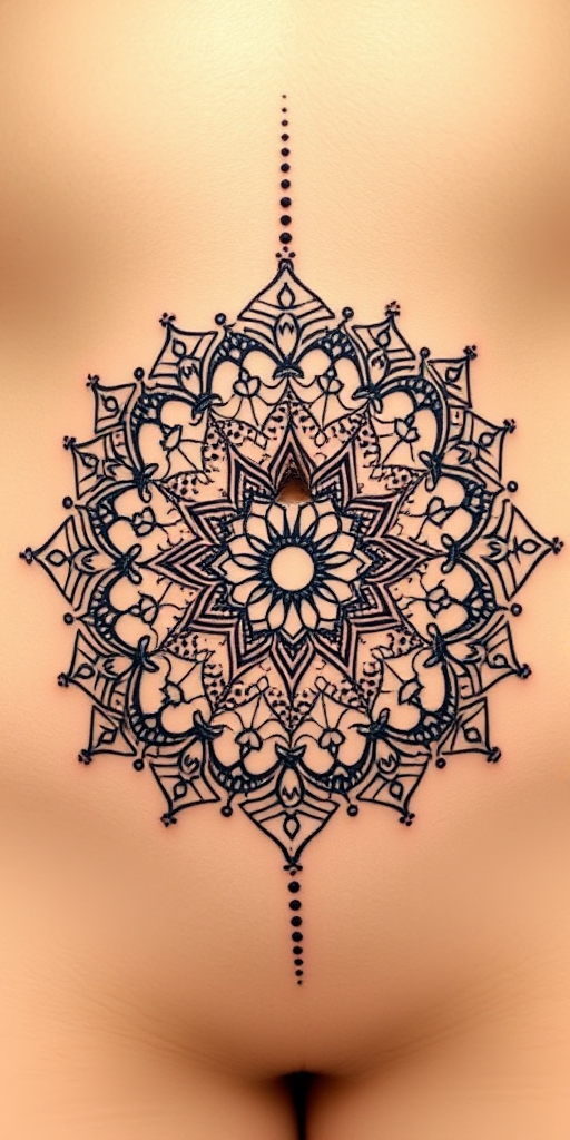 Ornate dotwork mandala tattoo encircling the navel, showcasing intricate geometric patterns and symmetrical designs created entirely with tiny, precisely placed dots for a mesmerizing effect