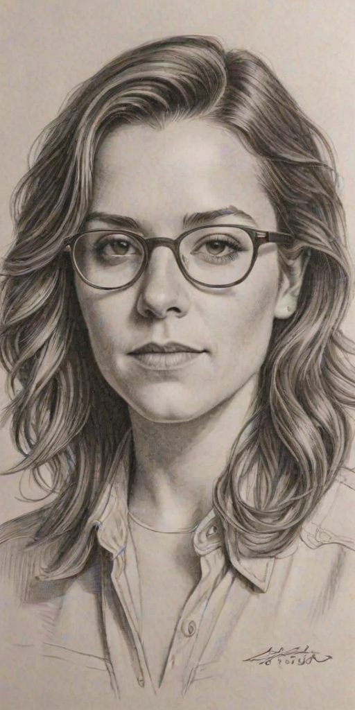 Magnificent Brandi Carlile, pencil sketch, portrait of Exquisite woman 1979s in glasses, hair style beatnik, outline, clear lines, fine lines, 8k