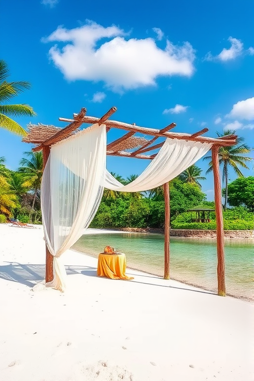 Create a picturesque tropical beach scene featuring a serene, white sandy shore. In the foreground, there's a rustic wooden canopy with white drapes gently flowing in the breeze. Underneath the canopy, a table is set with tropical decor, evoking a sense of relaxation and leisure. The beach extends into a calm, shallow water area with reflections of the sky and surroundings. Palm trees and lush greenery line the edge of the beach, providing a natural, tropical backdrop. The sky is clear with a few scattered clouds, and the overall atmosphere is tranquil and inviting, perfect for a peaceful retreat.