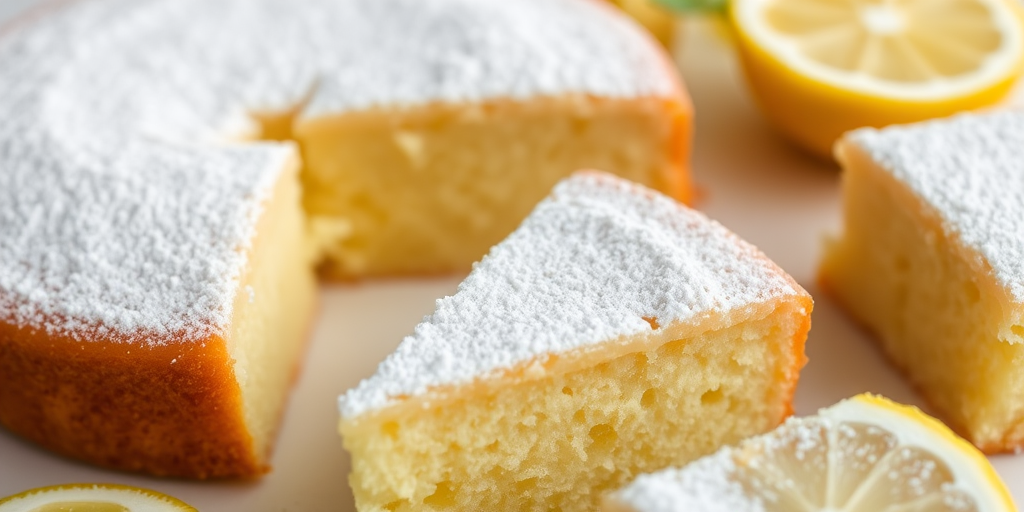 A close-up image of a slice of lemon cake topped with powdered sugar surrounded by other similar slices on a light surface with lemon slices in the background. The cake has a soft and moist texture, showcasing a light yellow color.