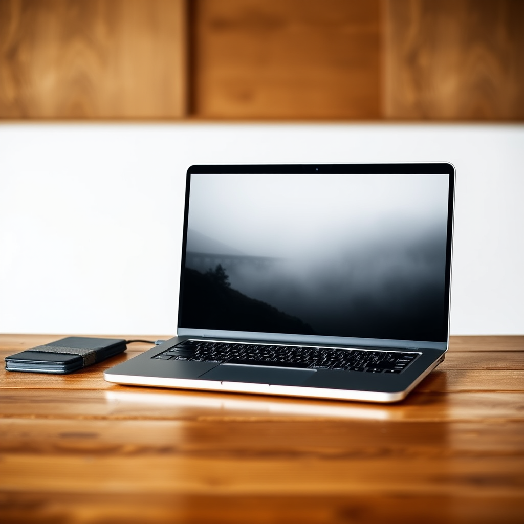 Create a high-resolution image of a laptop on a wooden table showcasing a foggy bridge on its screen, captured with a 50mm lens, f/1.8 aperture, ISO 200, and a shallow depth of field for a soft background blur, using a DSLR camera in a natural light setting.