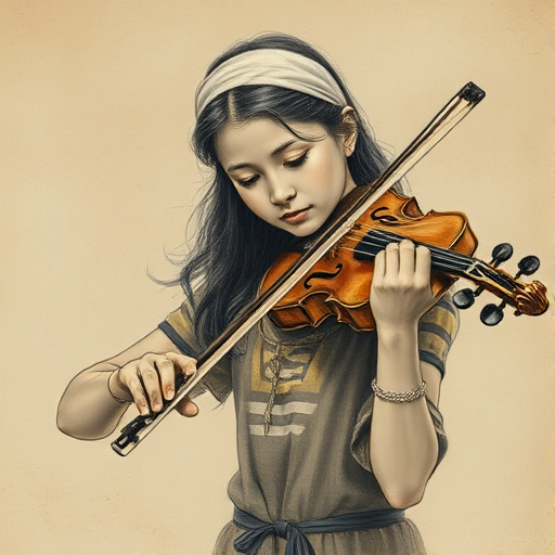 a young M'tis woman with a white headband playing a violin, in the style of a charcoal drawing, sepia grunge background