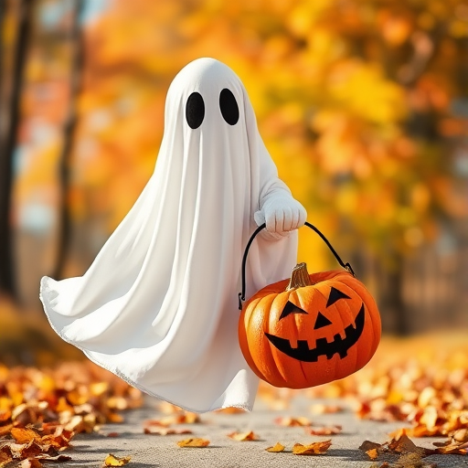 Create an image of a whimsical ghost wearing a flowing white sheet with large, rounded eye holes, playfully carrying a carved pumpkin bucket with a grinning jack-o'-lantern face, in a bright and colorful autumn setting, captured with a DSLR camera at f/2.8, 1/125 sec, ISO 100, with a shallow depth of field and vibrant colors.