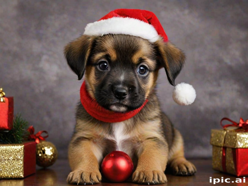 Adorable Puppy in Santa Hat Surrounded by Christmas Gifts and Ornaments.