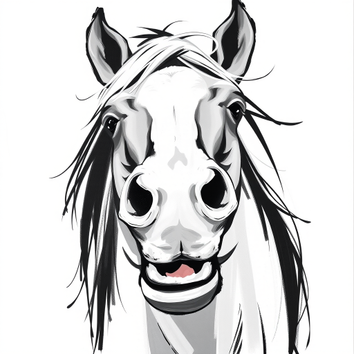 Abstract black and white acrylic portrait of an over exaggerated laughing (horse). Minimalism style. White background.