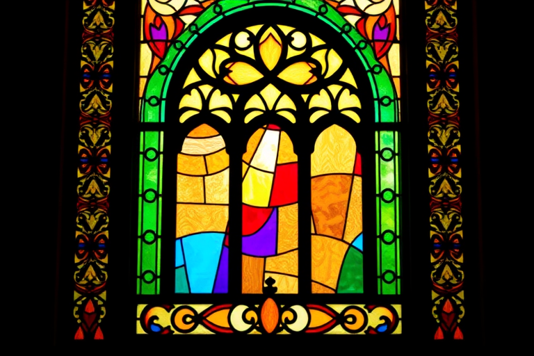 Create a stained glass window design featuring intricate patterns and vibrant colors with a central arch, four vertical panels, and a blank decorative border at the bottom, captured with a DSLR camera at f/8 aperture, ISO 100, 50mm lens, in natural soft light for enhanced clarity and detail.