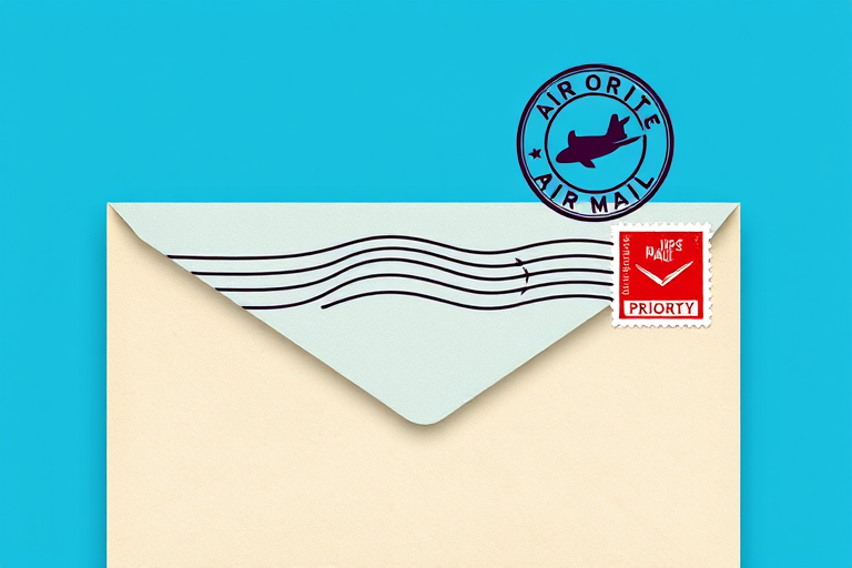 Create a high-resolution digital illustration of an air mail envelope featuring a blue background, a priority stamp, and a silhouette stamp design; use a Canon EOS R5 with a 50mm f/1.8 lens, aperture set to f/5.6, ISO 100, and a soft focus for a clean and professional look.