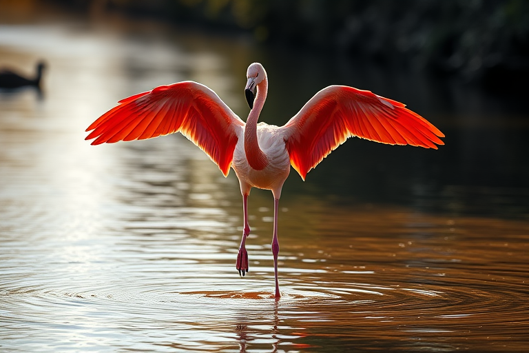 flamingo standing in a shallow river with wings spread wide, vibrant pink feathers, sunlight reflecting on water, Canon EOS 5D Mark IV, 85mm lens, f/2.8 aperture, ISO 100, shot at sunrise for soft lighting, shallow depth of field, vivid color saturation.