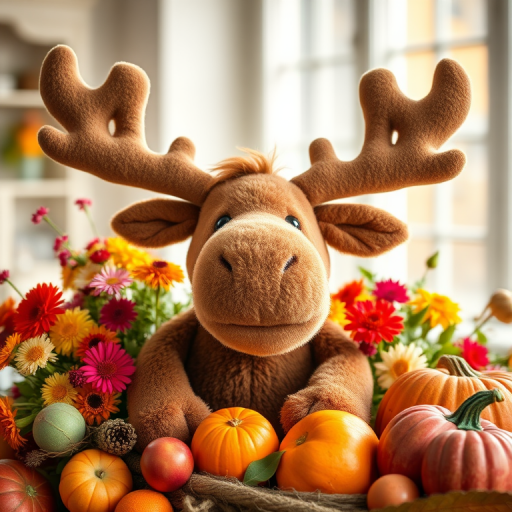 Create an image of a friendly stuffed moose with large antlers, surrounded by colorful flowers and fresh fruits like apples, pumpkins, and oranges, in a bright indoor setting with natural light streaming through a window, shot with a DSLR camera, 50mm lens, aperture f/1.8, ISO 200, in a macro style for enhanced detail.