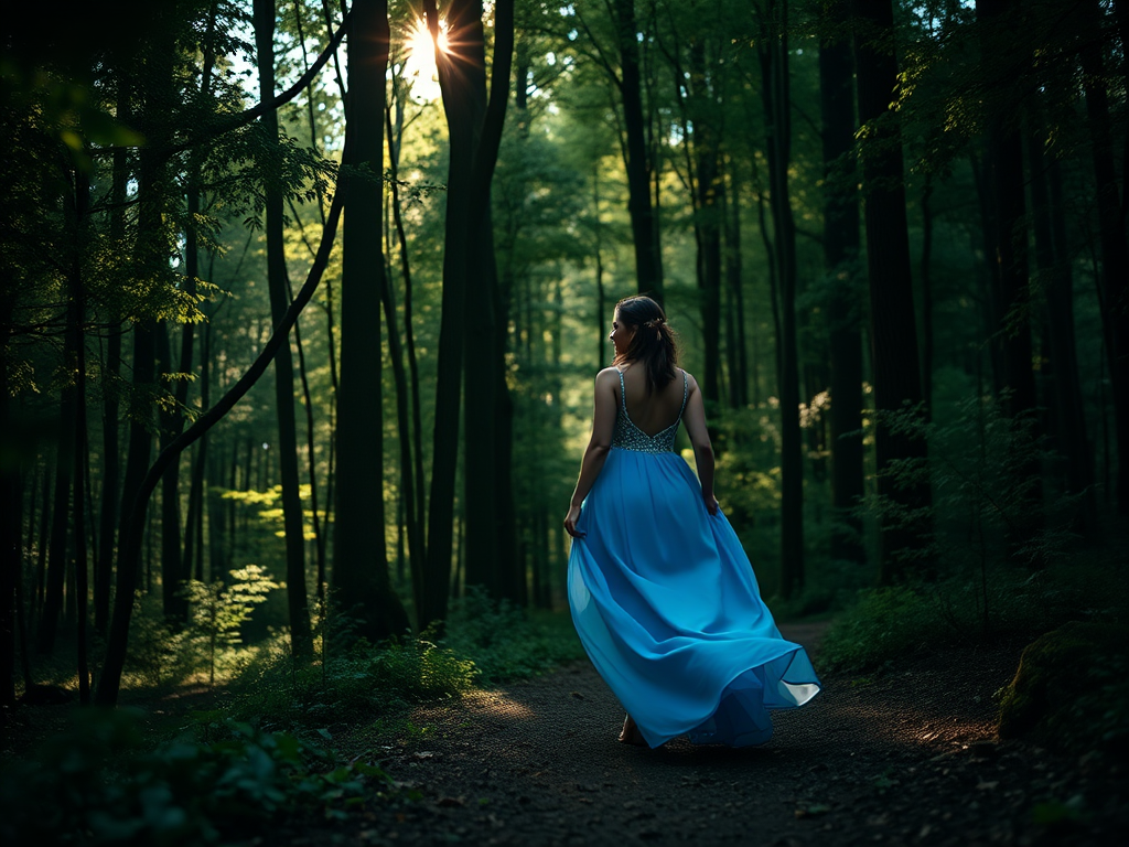 A woman wearing a flowing blue gown walking through a dark green forest with tall trees and soft sunlight filtering through the leaves, captured with a DSLR camera, 50mm lens, f/1.8 aperture, ISO 100, at a shallow depth of field for a dreamy background.