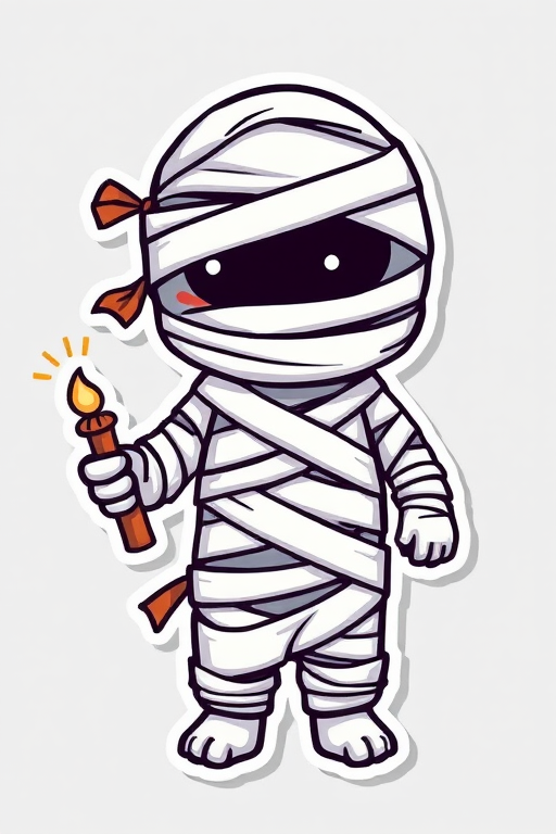 create a kawaii Mummy wrappings sticker, 3d digital art, grey background, sticker line weight
