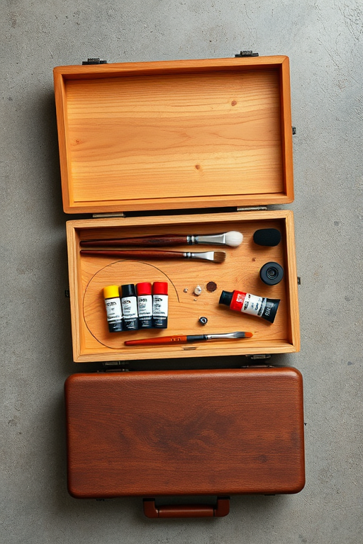 Create a high-resolution illustration of an open wooden artist's palette case containing paint tubes and brushes, with a closed matching case beside it, shot from a top-down view using a Canon EOS R, aperture f/4, shutter speed 1/60s, ISO 200, natural lighting.